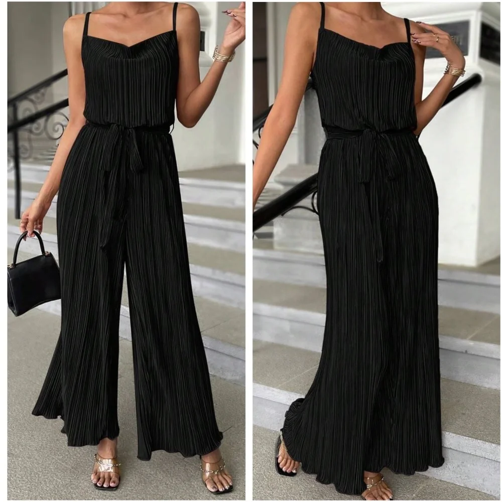 Luxe Pleated Belted Wide Leg Cami Jumpsuit - Picture 2 of 7